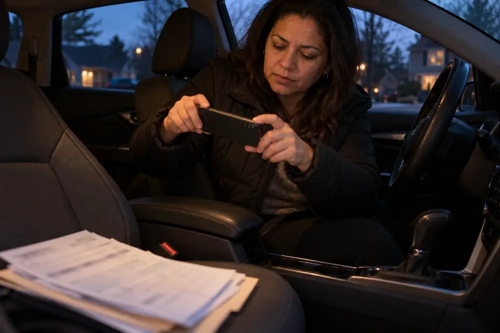Mulher dentro do carro, ao anoitecer, usando o celular com os papéis do veículo no banco